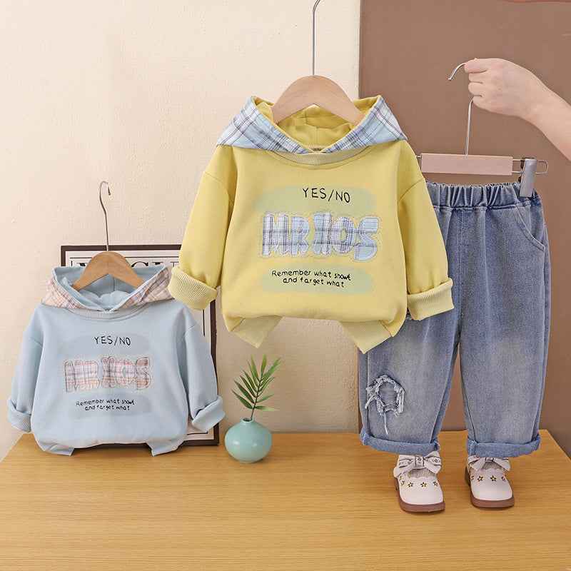 Boys' Outfit: Children's Plaid Letter Hoodie Jeans Two-Piece Set for 1-3 Year Olds, Spring and Autumn Clothing