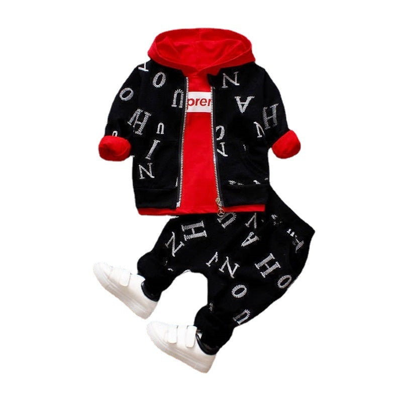 Spring and Autumn New Boys Zipper Shirt Three-Piece Toddler Baby Full Print Letter Hooded Long Sleeve Sweatshirt Set