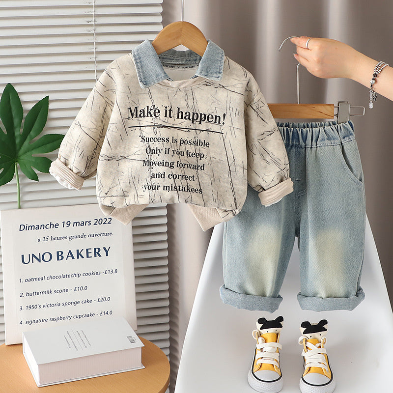 Boys' Suit 2025 New Fashionable Baby Spring and Autumn Korean Style Round Neck Sweatshirt Two-Piece Set