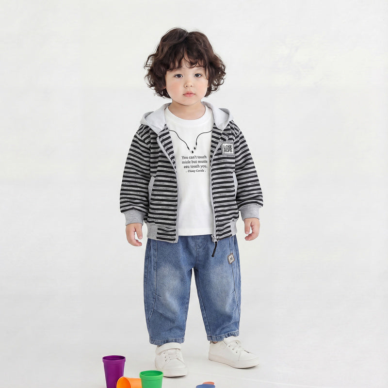 Boys' Outfit 2026 New Style Infant Children's Spring and Autumn Stylish Baby Boy Clothes Striped Hooded Three-Piece Set