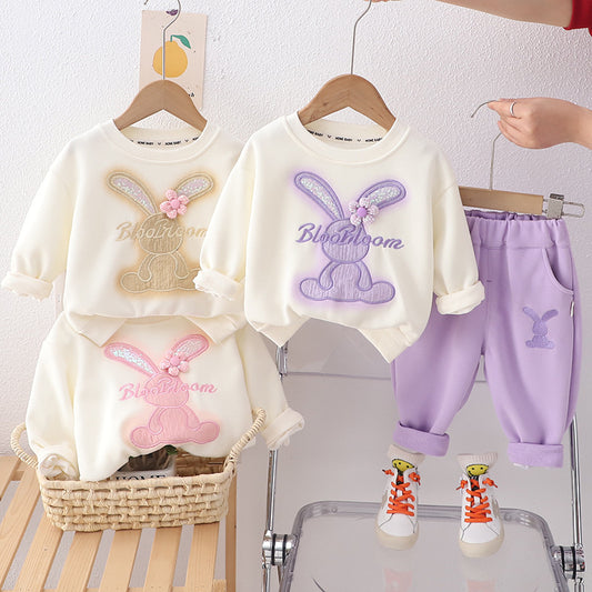1-4 Years Old Baby Outfit Spring Fashionable Girl Clothing Korean Style Infant Toddler Clothes 3 Flowers Rabbit Two-Piece Set