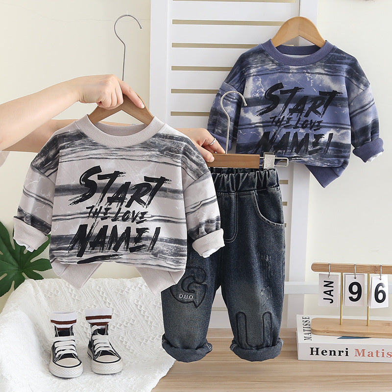Boys' Outfit 2026 New Spring and Autumn Fashionable Baby Clothes Stylish Sweatshirt Two-Piece Set Trendy