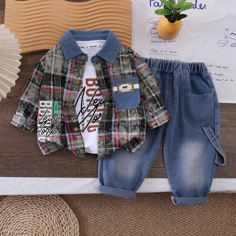 Outfit Set: Baby Plaid Shirt Three-Piece Casual Boys' Clothing Children's Spring and Autumn Set