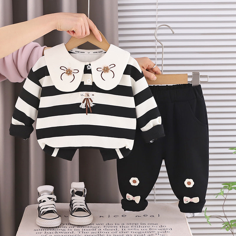 Girls' Sweatshirt 2026 New Baby Children's Clothing Spring and Autumn Outfit Striped Bow Two-Piece Set Trendy