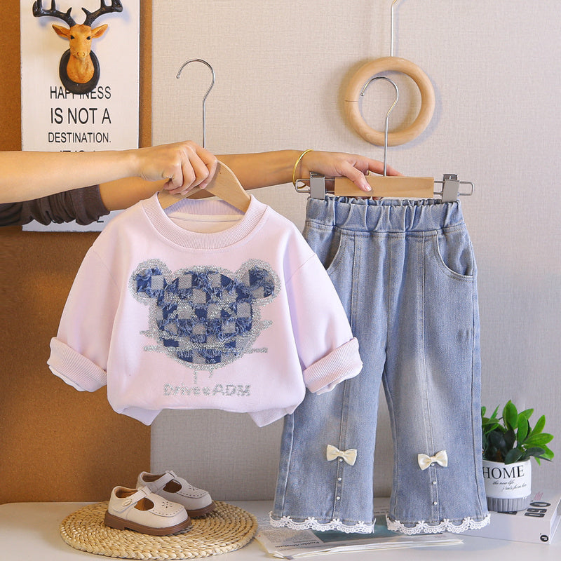 Girls' Outfit 2026 New Fashionable Baby Girl Spring and Autumn Plaid Bear Head Sweatshirt Two-Piece Set