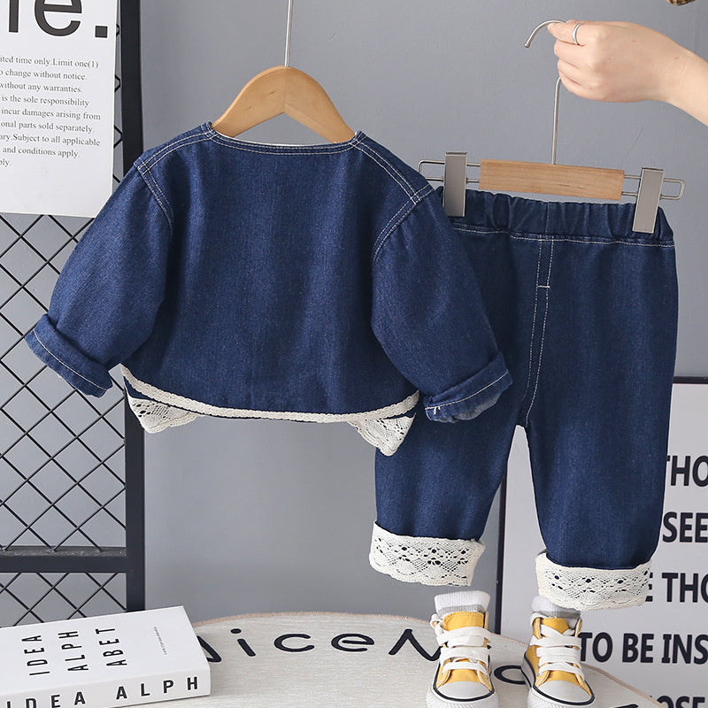 Girls' Outfit 2026 New Children's Patchwork Lace Denim Three-Piece Set for One-Year-Old Baby Spring and Autumn