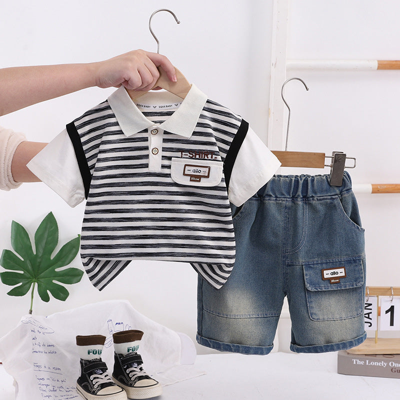 Boys' Outfit 2026 New Style Toddler Striped Pocket Short-Sleeve Polo Shirt Baby Summer Two-Piece Set