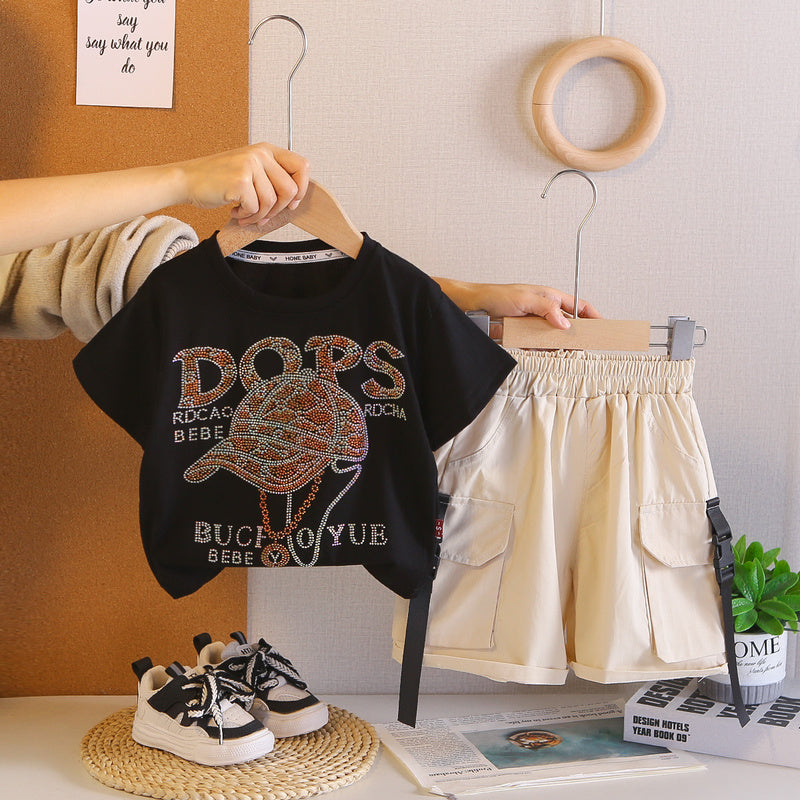 2026 Foreign Trade Summer Round Neck Rhinestone Children's Printed Thin T-shirt and Denim Two-piece Set Wholesale 3
