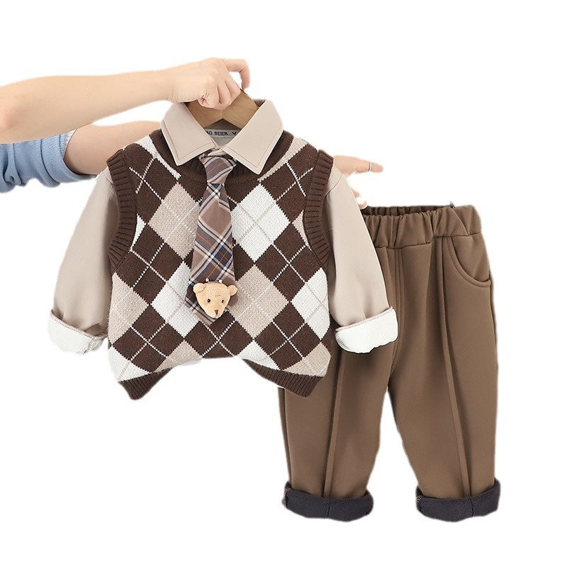 Baby Outfit Fashionable Stylish Fleece-Lined Children's Clothing Boys Winter Tie Pendant Bear Thickened Three-Piece Set Trendy