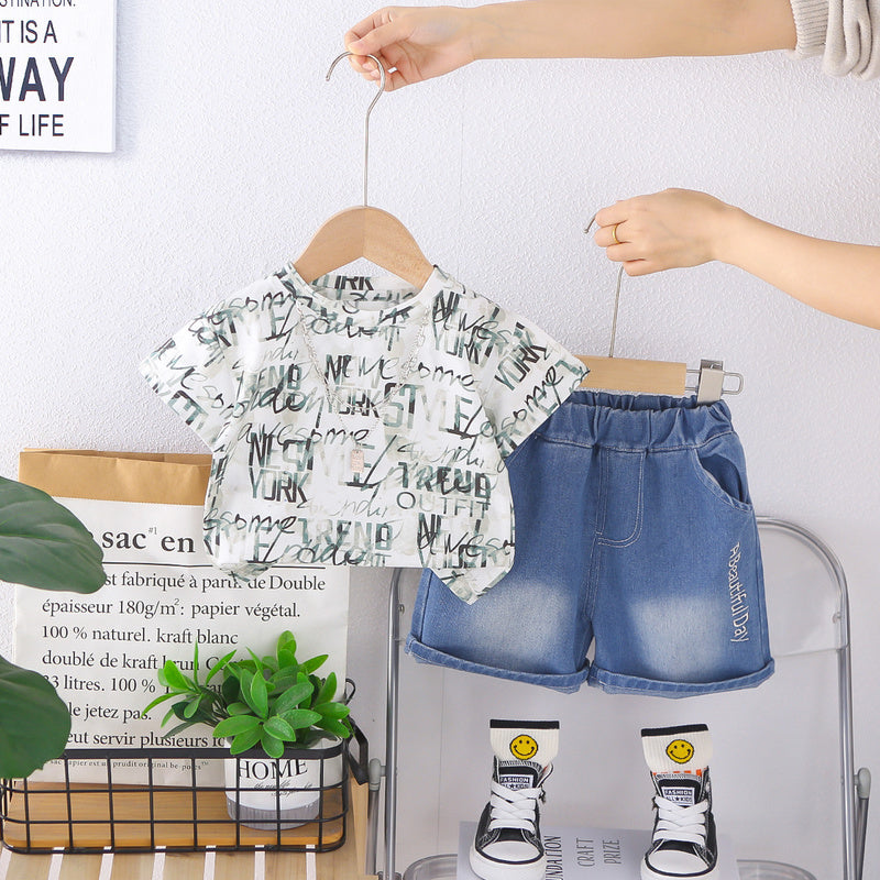 Boys' Summer Outfit: Children's Short-Sleeve English Print Cool and Stylish 2026 New Model for 1-3 Year Olds