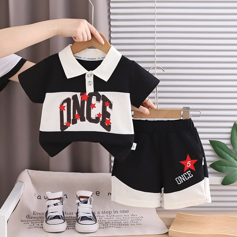 Korean-style boys' summer outfit 2026 new model baby English letter color-blocking turn-down collar short-sleeve button-front children's two-piece set