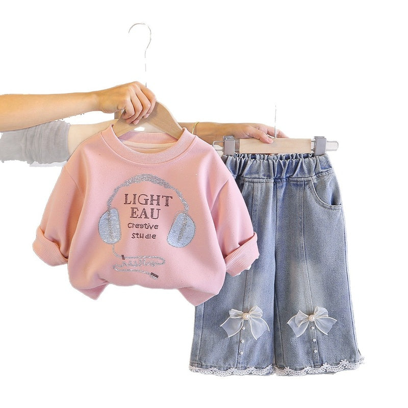 Girls' Rhinestone Earphone Hoodie Set, 2026 New Fashionable Children's Spring Outfit, Cute Two-Piece Set for Babies
