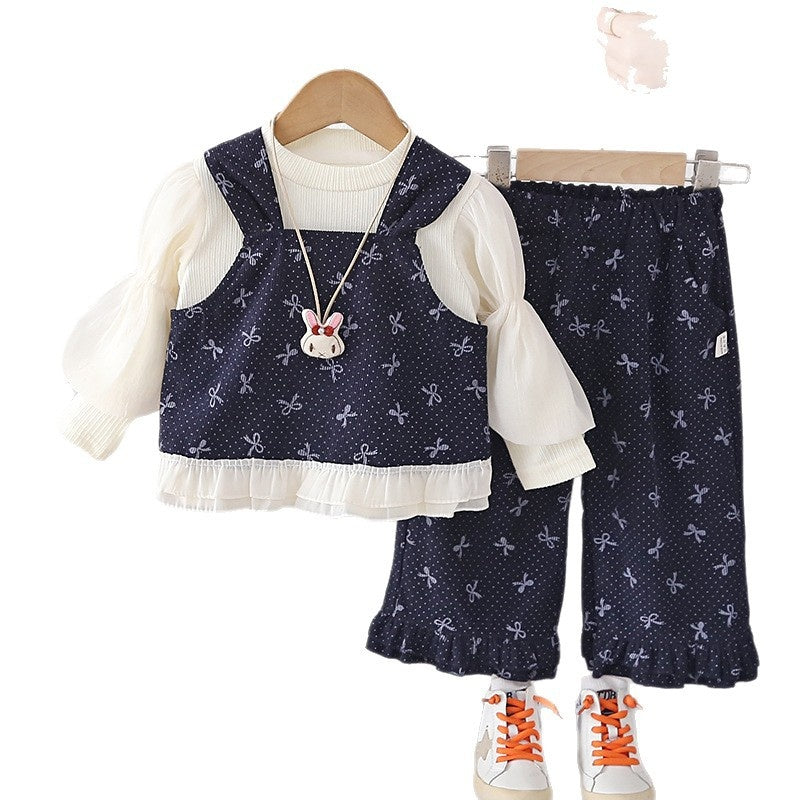 Girls' Autumn Three-Piece Set with Bunny Pendant 2026 New Fashionable and Stylish Spring Outfit for Baby Girls