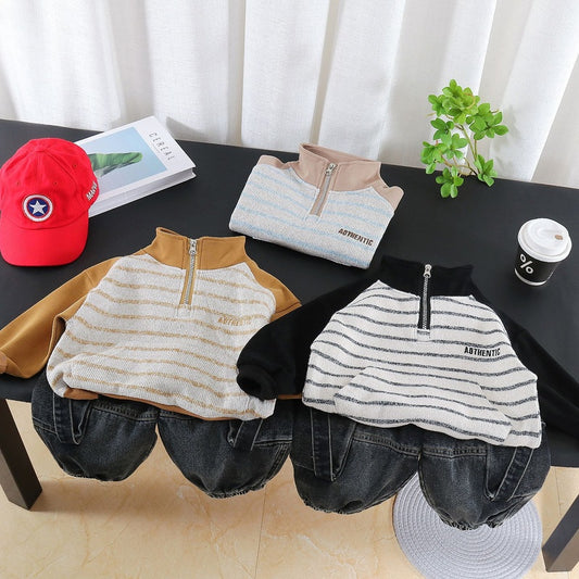 Boys' Outfit 2026 New Fashionable Children's Stand-up Collar Striped Two-piece Set Baby Spring and Autumn Casual Trend