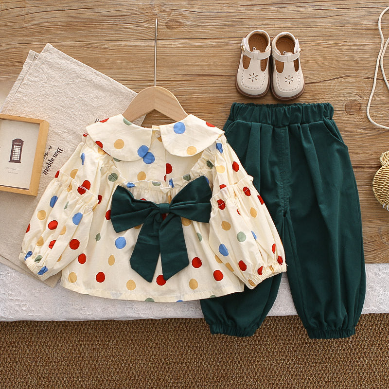 Girls' 2026 New Spring and Autumn Outfit, Stylish Children's Colorful Polka Dot Doll Shirt, Casual Two-Piece Set for Baby Girls