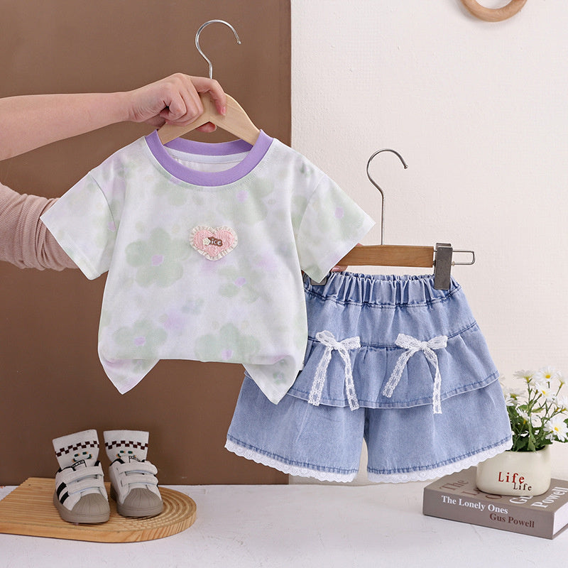 Girls' Outfit 2026 New Style Children's Casual Full-Print Floral Heart Pattern Thin Short-Sleeve Summer Two-Piece Set