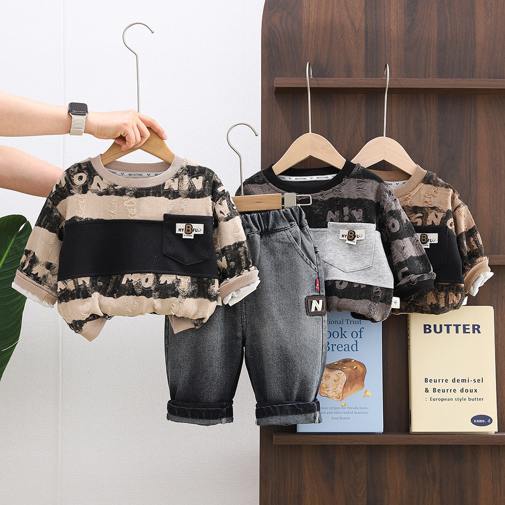 Baby Boy Spring Outfit 1-3 Years Old 4 Korean Style Striped Ripped Sweatshirt Two-Piece Set 2 Boys Toddler Infant Clothes