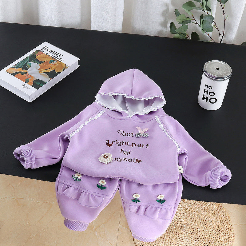 Girls' Outfit 2026 New Style Children's Spring and Autumn Fashionable Lace Hoodie Sweatshirt Two-Piece Set Baby Casual Wear