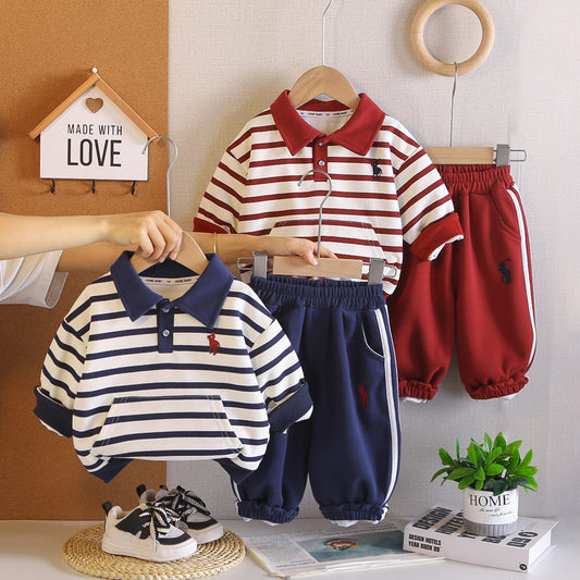 Boys' Outfit, Stylish New 2026 Striped Polo Shirt Two-Piece Set, Cool Long-Sleeve Spring and Autumn Fashion