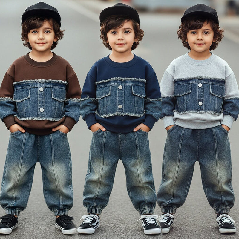 Boys' Outfit Baby 2026 New Fashionable Infant Spring and Autumn Denim Patchwork Sweatshirt Two-Piece Set Trendy