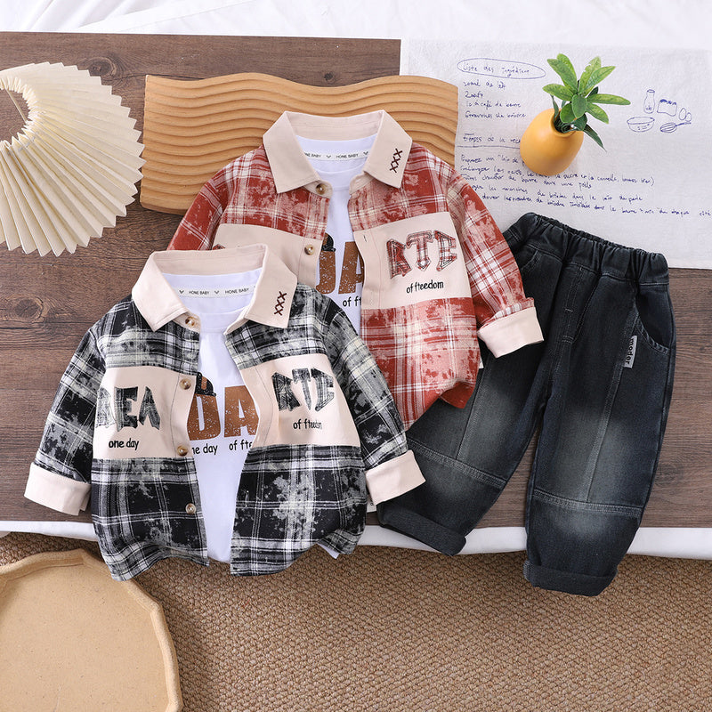 Boys' Spring and Autumn Letter Color-Block Shirt New Style Children's Long-Sleeve Baby Outfit Fashionable Three-Piece Set Trendy