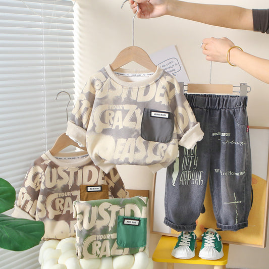 Korean-style baby autumn outfit 2026 new model boys' large letter pocket sweatshirt infant children's clothing two-piece set