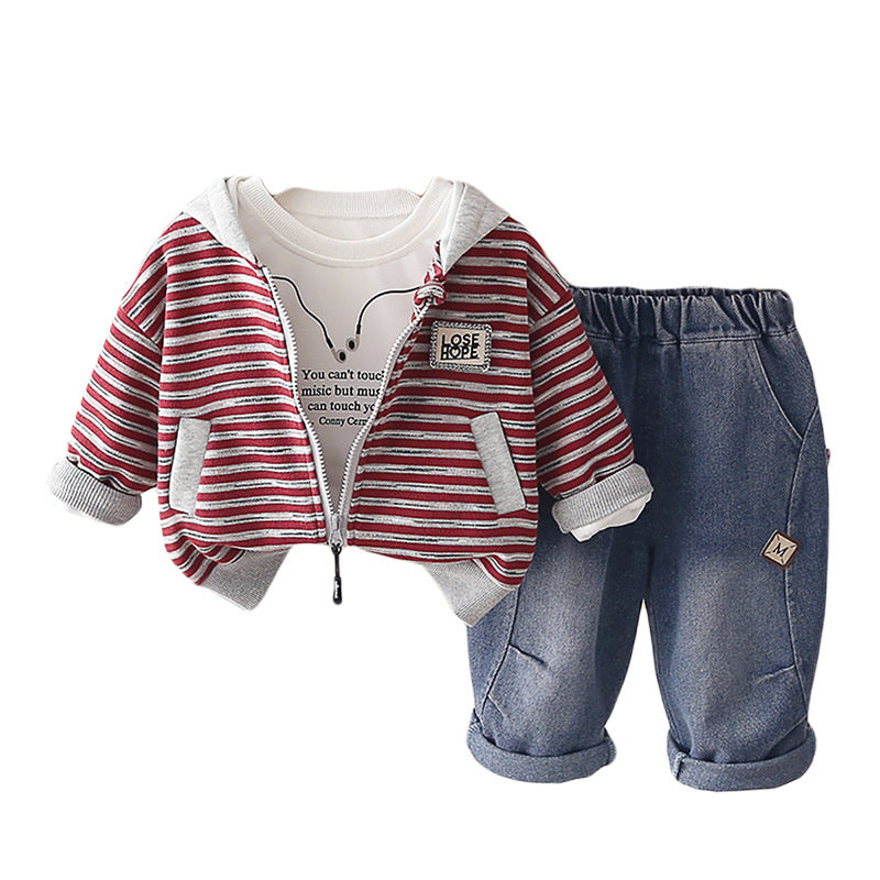 Boys' Outfit 2026 New Style Infant Children's Spring and Autumn Stylish Baby Boy Clothes Striped Hooded Three-Piece Set