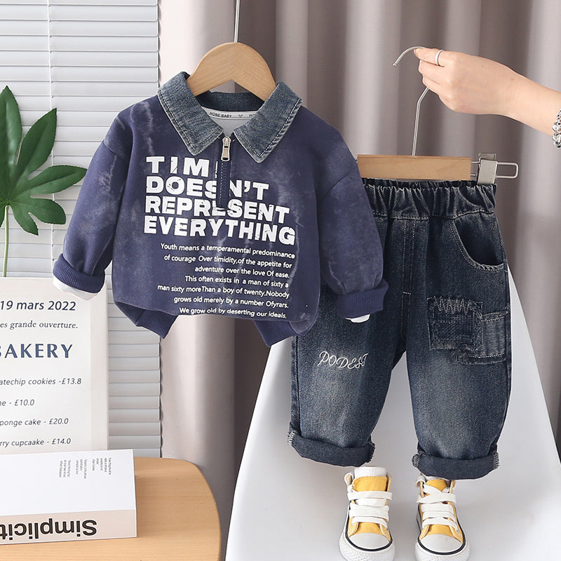 Baby clothes spring, stylish Korean-style loose long-sleeve half-zip sweatshirt set for boys aged 0 to 2 years old