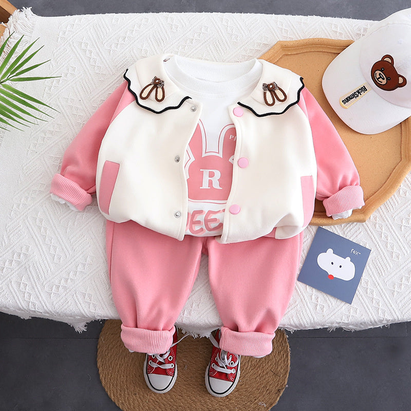 Girls' Outfit Stylish One-Year-Old Baby Clothes Fashionable Toddler Children's Spring and Autumn Ear Bunny Three-Piece Set Trendy