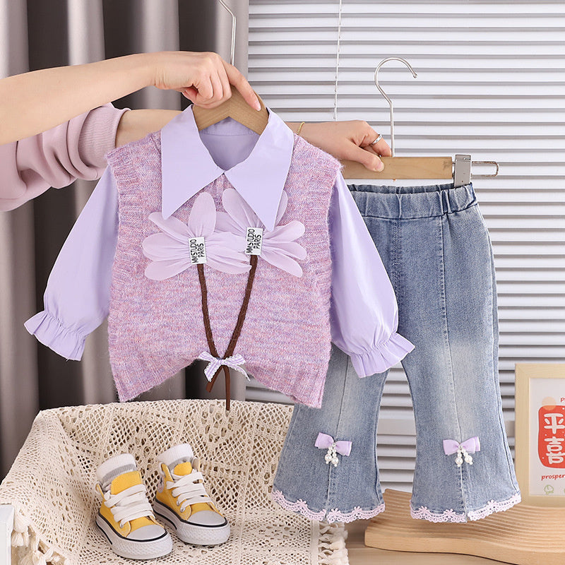 Clothing 2026 New Style Children's Floral Sweater Long Sleeve Outfit Little Girls Spring and Autumn Three-Piece Set