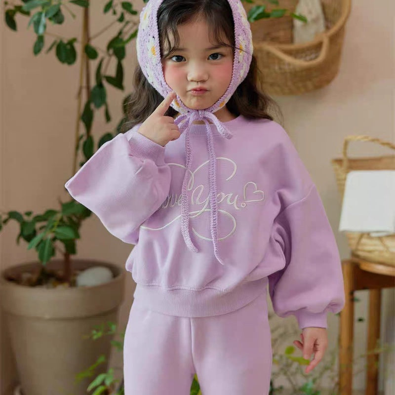 New Spring Autumn Korean Style Casual Heart Embroidery Bow Colorful Girls' Sweatshirt and Sweatpants Solid Color Two-Piece Set