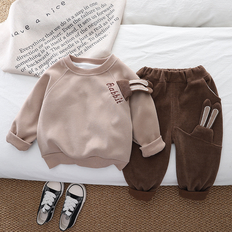 Children's Sweatshirt 2024 New Baby Spring and Autumn Clothes Cute Rabbit Bag Two-Piece Set Trendy