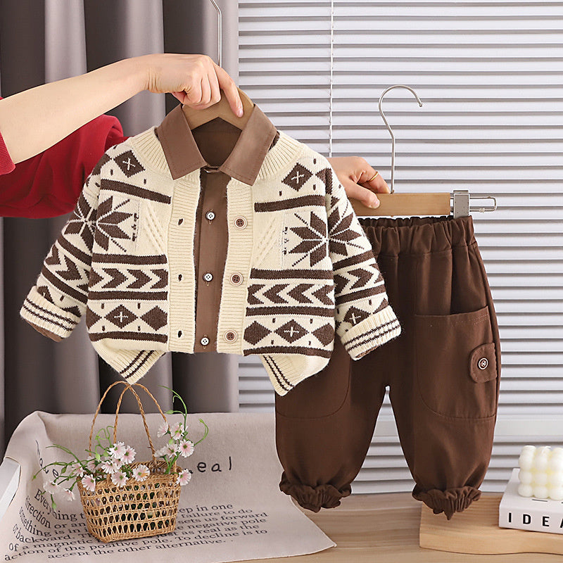 Children's Outfit Spring Clothing 2026 New Style Toddler Sweater Snowflake Jacket Boys' Clothes 1-3 Years Old Three-Piece Set