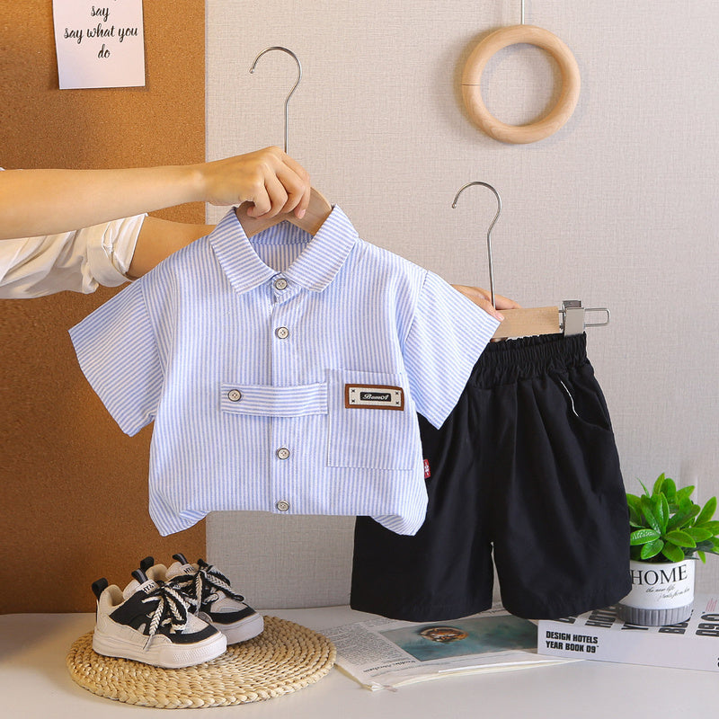 2026 Outfit Set: Children's Turn-down Collar Short-sleeve Shirt and Shorts for Little Boys' Summer Clothing