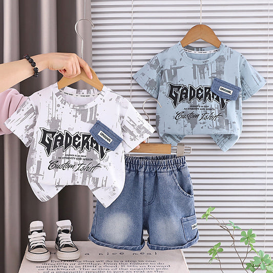 Boys' Summer Denim Flap Short Sleeve Set 2026 New Fashionable Casual Two-Piece Outfit for Toddlers
