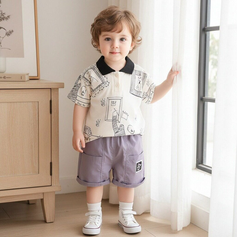 Boys' Outfit 2026 New Style Children's Summer Casual Lapel Graffiti Short Sleeve Two-Piece Set for Boys