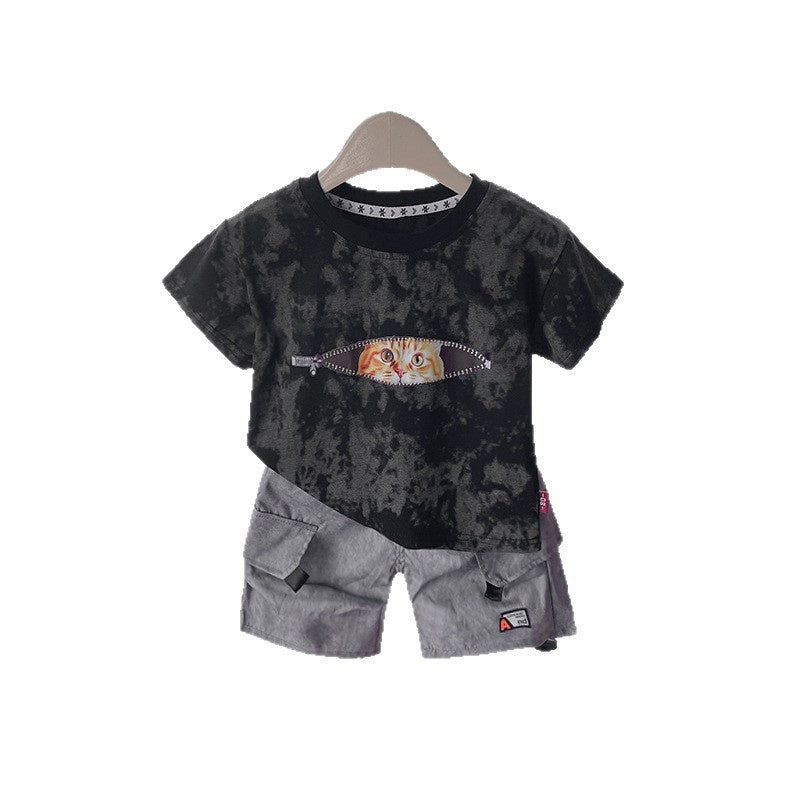 Zipper Cat Short Sleeve 2026 New Children's Outfit Baby Two-Piece Set Boys' Summer Fashion