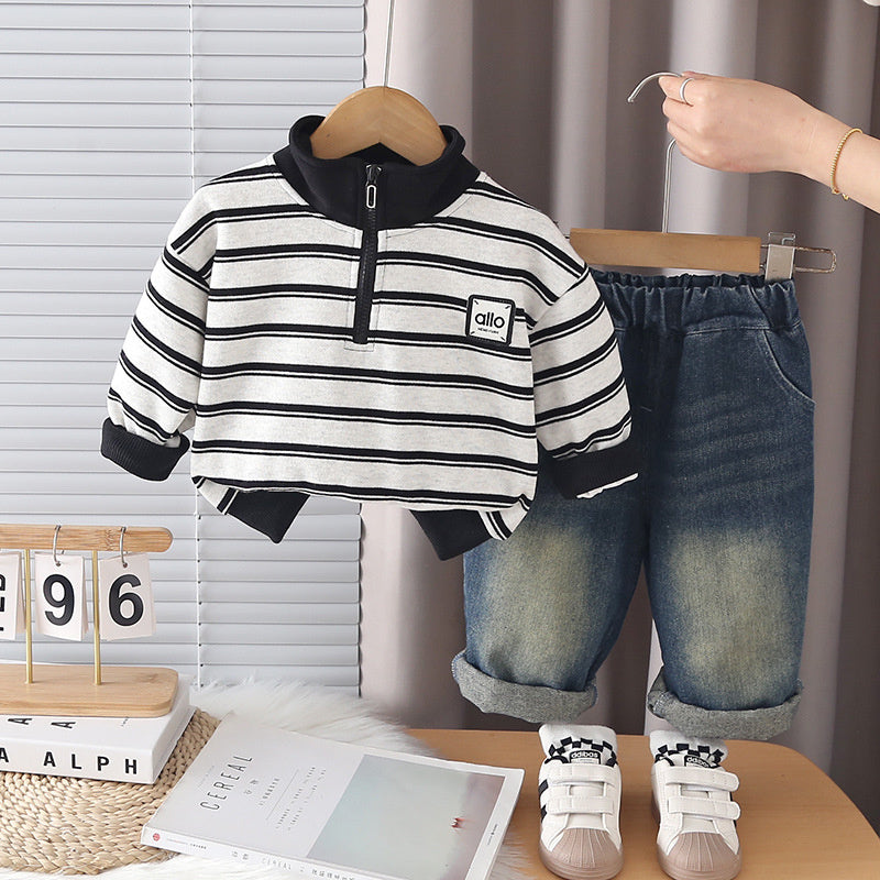Boys' Spring Outfit 2026 New Loose-Fit Autumn Children's Long-Sleeve Half-Zip Sweatshirt Two-Piece Trendy Set