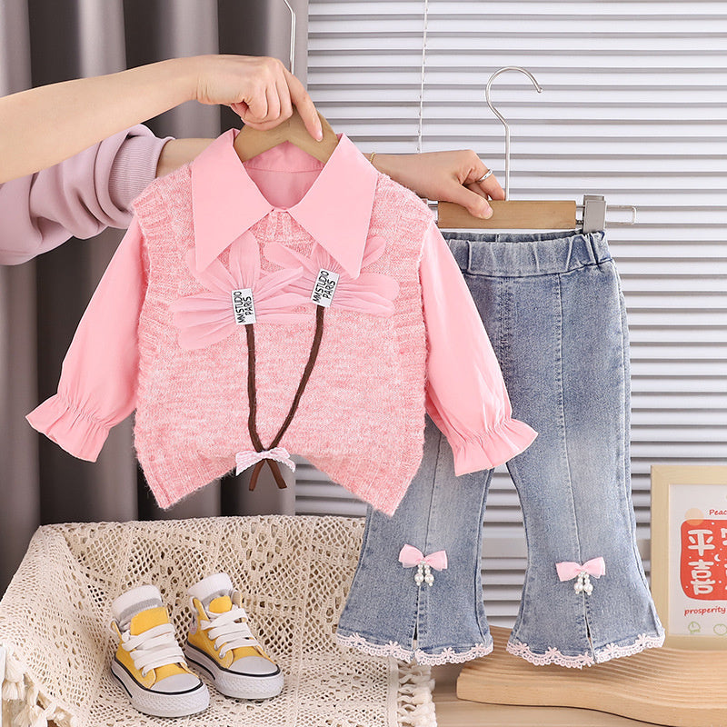 Clothing 2026 New Style Children's Floral Sweater Long Sleeve Outfit Little Girls Spring and Autumn Three-Piece Set