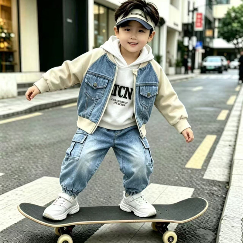 Boys' Autumn Outfit 2025 New Children's Spring-Autumn Denim Color-Block Double-Pocket Three-Piece Set for Toddlers 1-3 Years Old
