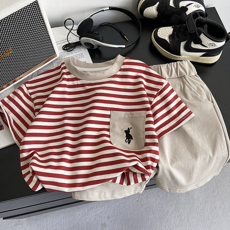 Boys' Outfit 2026 New Striped Embroidered Pocket Short Sleeve Two-Piece Set Children's Summer Clothes Trendy Kids' Wear