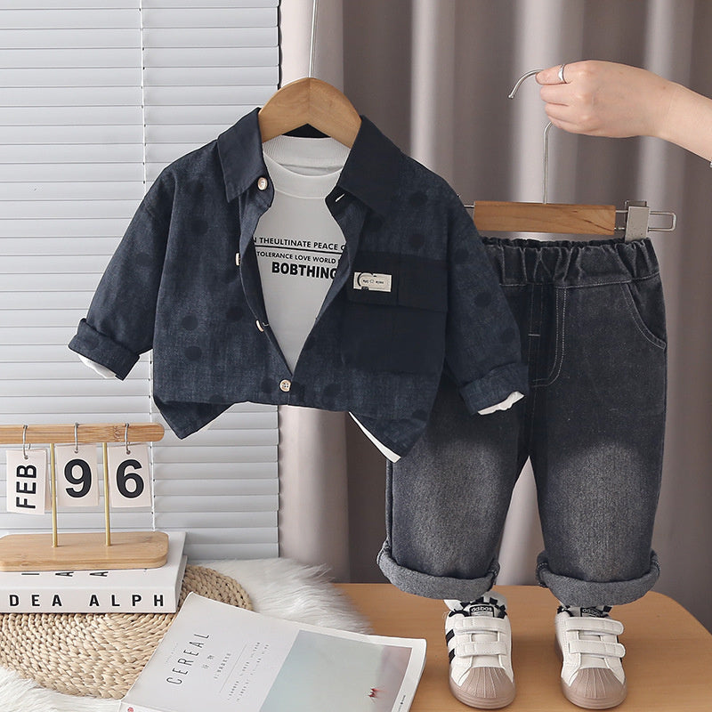 Boys' Spring and Outfit 2026 New Fashionable Casual Polka Dot Three-Piece Set Children, Trendy Autumn Jacket for Babies