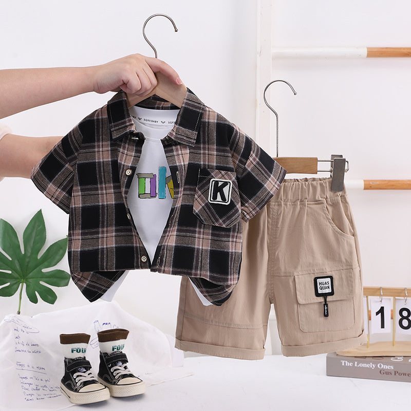 Boys' Outfit 2026 New Cool and Stylish Sports Set for Young Children, Thin Plaid Short-Sleeve Shirt Three-Piece Summer Trend