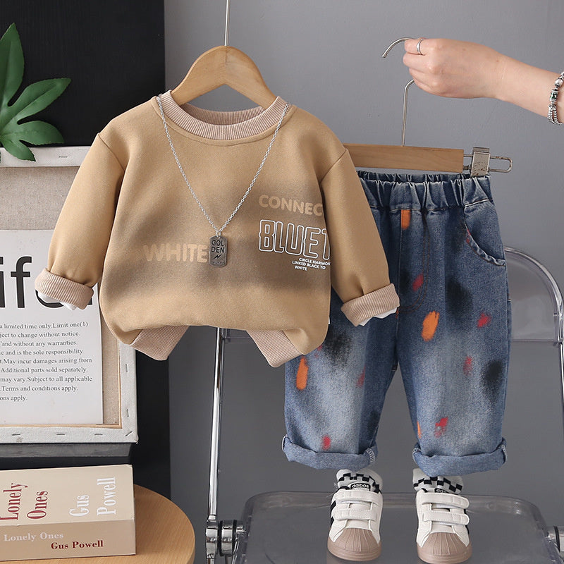 Boys' Spring and 2026 New Korean Version English Sweatshirt Two-Piece Set for Children, Baby Autumn Casual Long Sleeve Trendy Outfit