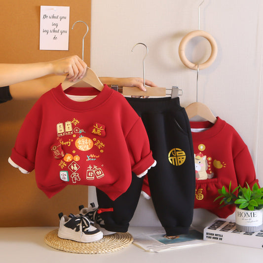 Boys and Girls Baby Outfit Stylish 2 Children Red Clothes Infant New Little Kids Clothing 1 Year Old Winter Set