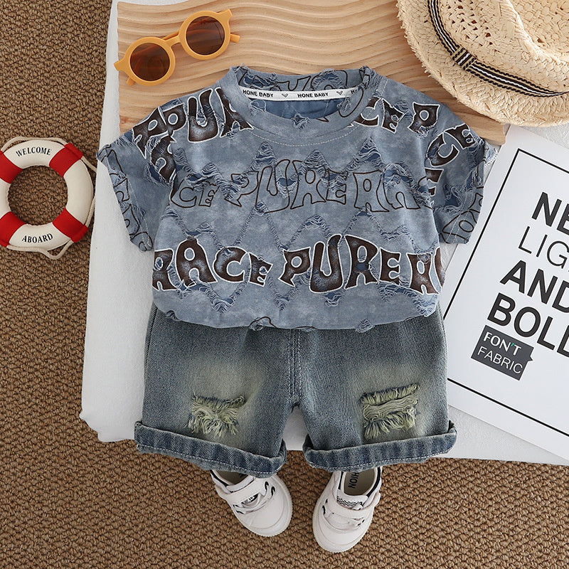 2025 Trendy Clothes Baby Outfit Boys Summer New Style Two-Piece Set English Ripped Short Sleeve Toddler