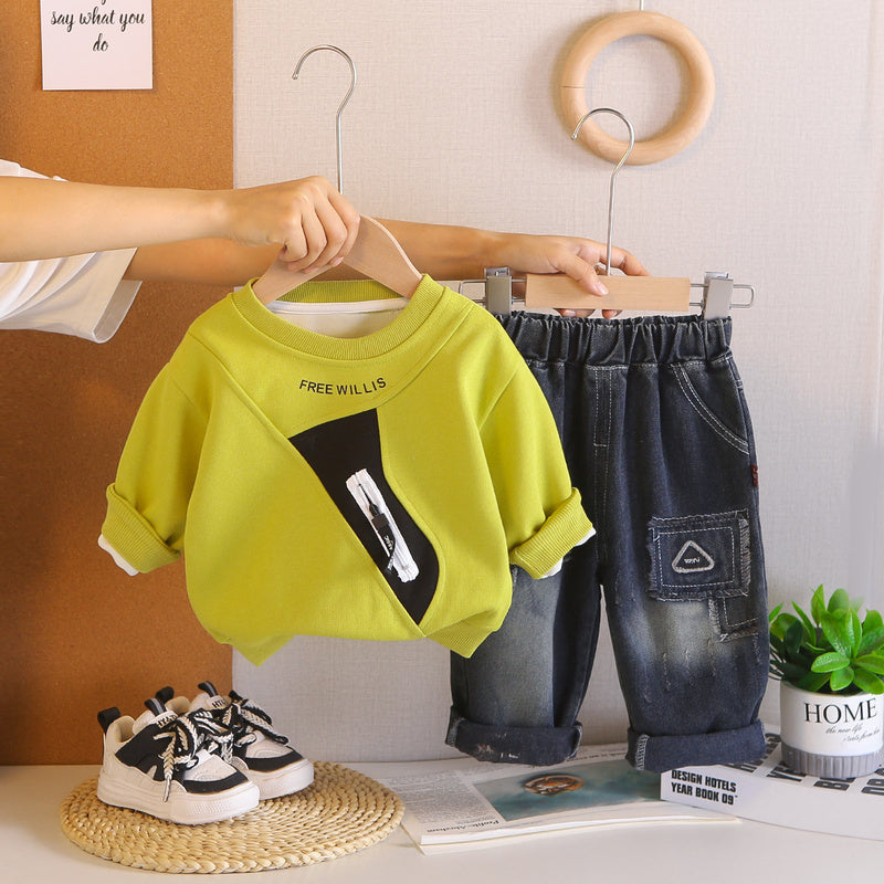 Boys' Spring and Autumn Zipper Pocket Long Sleeve Sweatshirt Two-Piece Set Baby Clothes 1-5 Years Old New Infant Casual Outfit 2