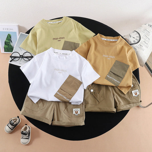 Boys' Summer Outfit 2026 New Fashionable Baby Toddler Casual Pocket Letter Print Short Sleeve Two-Piece Set Trendy