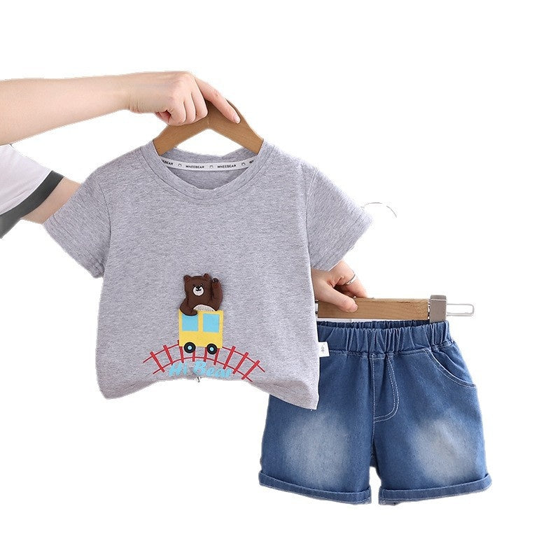 Baby Boy Train Bear Two-Piece Set 2026 New Summer Infant Short Sleeve Outfit 1-3 Years Old