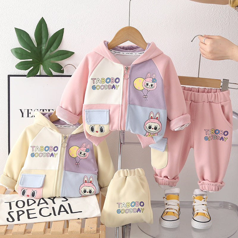 Girls' Outfit Spring and 2026 New Fashionable Children's Autumn Stylish Baby Girl Color-Block Cartoon Jacket Two-Piece Set